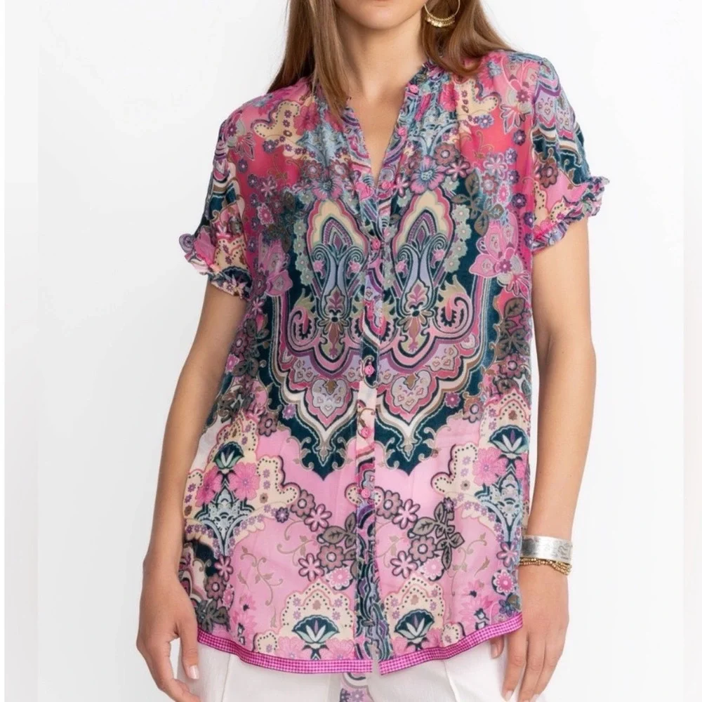 JOHNNY WAS Zoli Tape Hem Burnout Tunic silk-blend Button Down Size XS‎